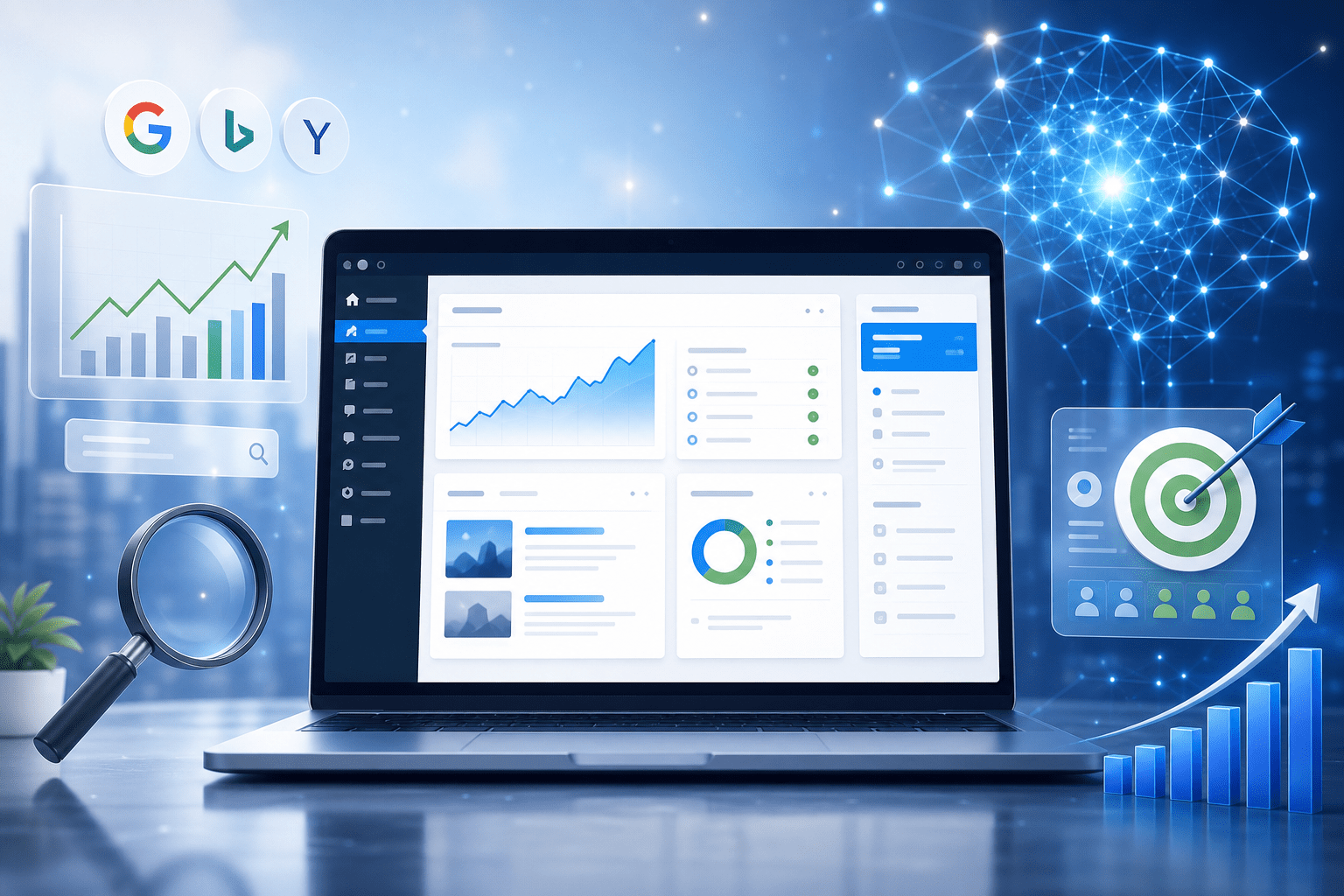 An editorial-style digital illustration of a modern WordPress website dashboard on a laptop screen, surrounded by subtle SEO and AI themed elements: upward analytics graphs, search engine icons, ad campaign targeting visuals, a magnifying glass, and a glowing artificial intelligence network overlay. Include a clean, futuristic tech atmosphere suggesting recent platform updates and optimization, with a balanced composition that feels informative and professional. Use sleek blue, white, and soft green accents, soft gradients, crisp lighting, and high detail, with a polished blog cover aesthetic, no text, no logos, no branding.