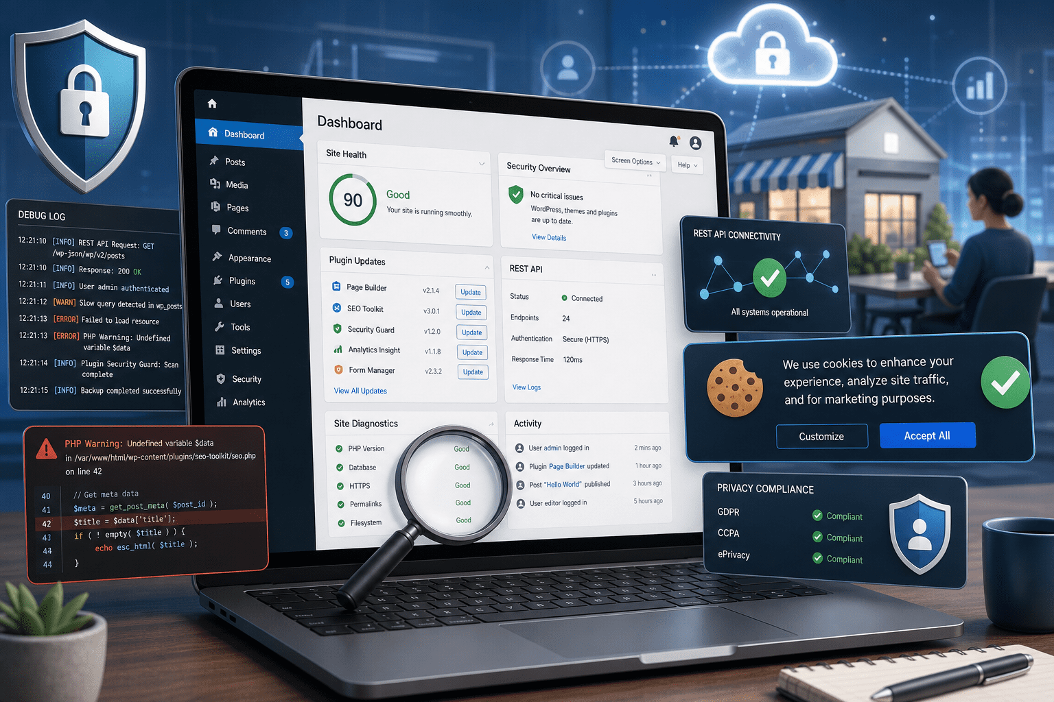 An editorial-style illustration of a modern WordPress website dashboard on a laptop screen, surrounded by layered visual symbols of security, debugging, and privacy compliance: a shield with a lock, code logs and error lines, a magnifying glass over site diagnostics, and a cookie consent banner with a verified checkmark. Include subtle cues of plugin updates and REST API connectivity with clean interface cards and notification alerts. In the background, suggest a secure digital ecosystem for small business owners and beginners, with a calm professional tone, crisp UI details, soft blue and teal accents, high contrast lighting, sleek isometric composition, realistic yet polished digital art, no text, no logos, no branding.
