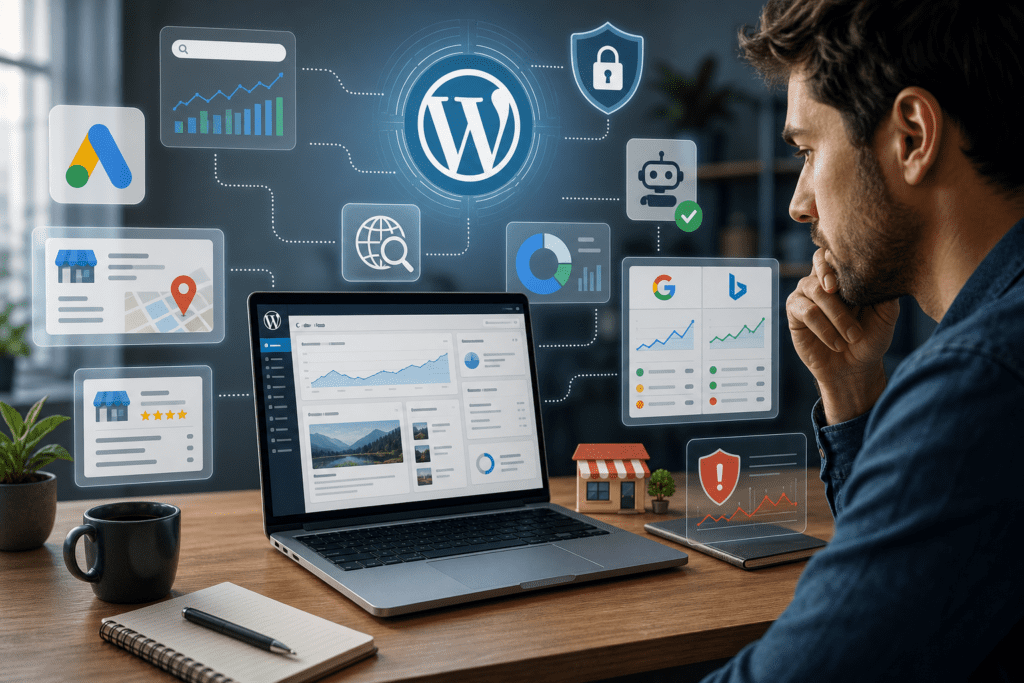Create a clean editorial illustration about the modern WordPress ecosystem and digital marketing security: a laptop displaying a WordPress dashboard on a desk, surrounded by subtle floating icons representing search ads, local business listings, analytics charts, security shields, bot authentication, and search engine signals. Show a small business owner or beginner entrepreneur reviewing the screen with a cautious, focused expression. Include visual hints of changing online visibility, account security alerts, and search competition across platforms like Google and Bing, but no readable text. Use a professional, contemporary tech-news style with soft gradients, crisp detail, balanced composition, and a trustworthy, informative tone.
