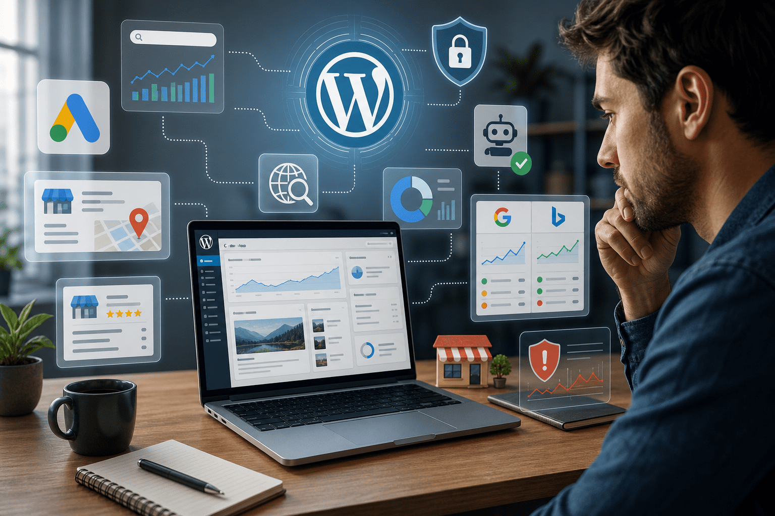 Create a clean editorial illustration about the modern WordPress ecosystem and digital marketing security: a laptop displaying a WordPress dashboard on a desk, surrounded by subtle floating icons representing search ads, local business listings, analytics charts, security shields, bot authentication, and search engine signals. Show a small business owner or beginner entrepreneur reviewing the screen with a cautious, focused expression. Include visual hints of changing online visibility, account security alerts, and search competition across platforms like Google and Bing, but no readable text. Use a professional, contemporary tech-news style with soft gradients, crisp detail, balanced composition, and a trustworthy, informative tone.