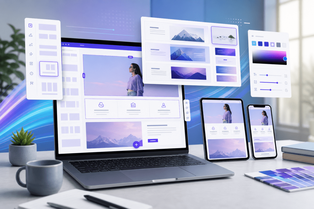 Create a modern editorial hero image about the future of WordPress website building with Divi 5: a clean, professional laptop and floating UI panels showing responsive layout blocks, stylized bordered sections, preset design cards, color and size variable controls, and subtle mobile/tablet previews. Include a polished web-design workspace with soft gradients, geometric interface elements, and a sense of speed, consistency, and adaptability for beginners and small business owners. Use a bright, contemporary tech aesthetic with blue, purple, and white tones, realistic lighting, crisp detail, and a premium blog-cover composition; no text, no logos, no branding.