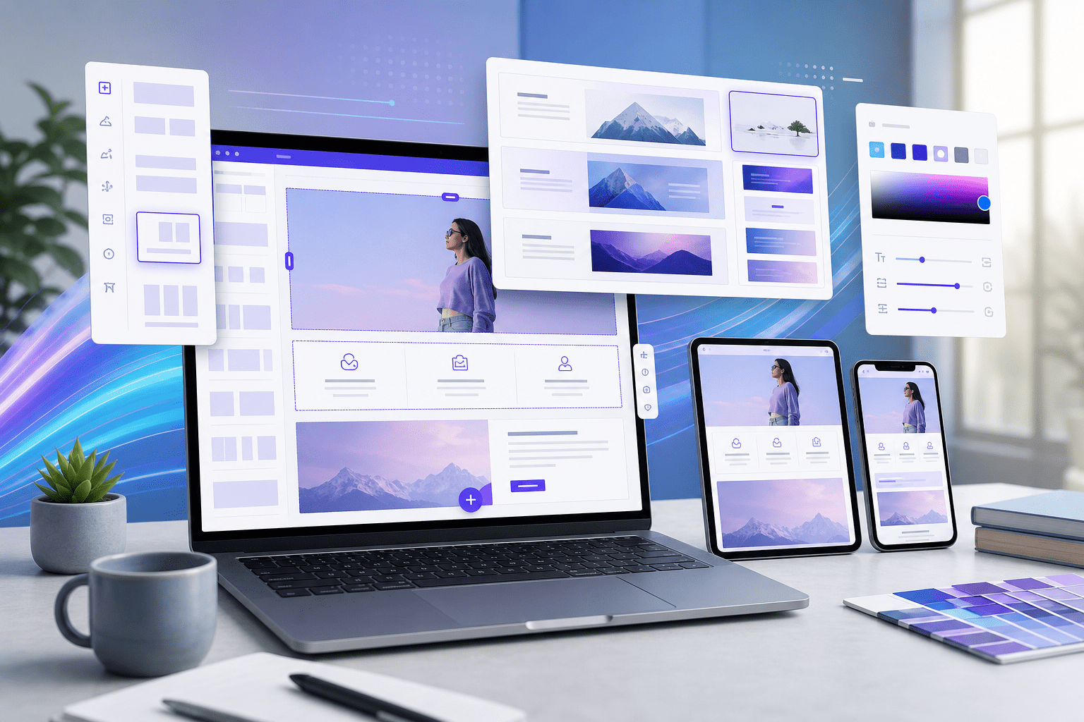 Create a modern editorial hero image about the future of WordPress website building with Divi 5: a clean, professional laptop and floating UI panels showing responsive layout blocks, stylized bordered sections, preset design cards, color and size variable controls, and subtle mobile/tablet previews. Include a polished web-design workspace with soft gradients, geometric interface elements, and a sense of speed, consistency, and adaptability for beginners and small business owners. Use a bright, contemporary tech aesthetic with blue, purple, and white tones, realistic lighting, crisp detail, and a premium blog-cover composition; no text, no logos, no branding.