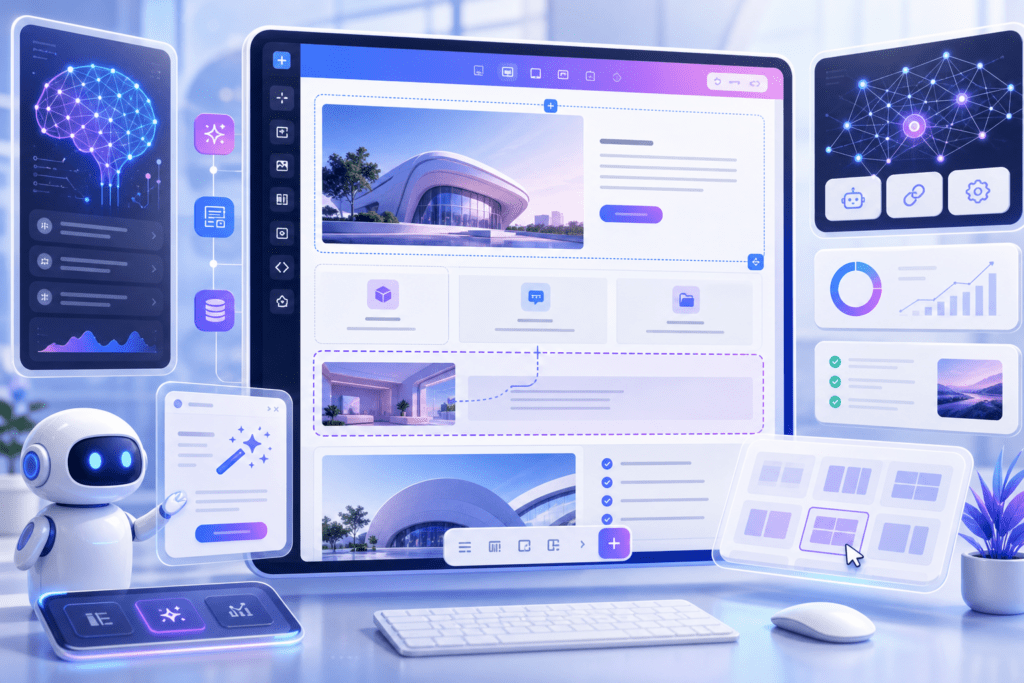 Create a polished editorial illustration about the future of WordPress and AI: a modern website dashboard and page builder interface floating in a clean workspace, with a stylized WordPress-like site structure, modular content blocks, looping repeated elements, and subtle AI motifs such as intelligent nodes, neural connections, and automation icons. Show a beginner-friendly, optimistic atmosphere with smooth UI panels, interactive design canvases, and dynamic layout tools suggesting plugins, SEO optimization, and content generation. Use a sleek tech aesthetic with blue, purple, and white tones, soft gradients, depth, and high detail, no text, no logos, no branding, no watermark.