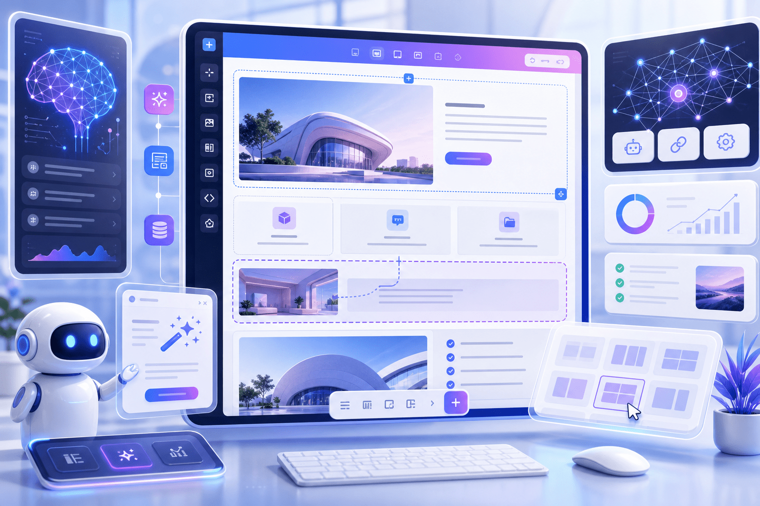 Create a polished editorial illustration about the future of WordPress and AI: a modern website dashboard and page builder interface floating in a clean workspace, with a stylized WordPress-like site structure, modular content blocks, looping repeated elements, and subtle AI motifs such as intelligent nodes, neural connections, and automation icons. Show a beginner-friendly, optimistic atmosphere with smooth UI panels, interactive design canvases, and dynamic layout tools suggesting plugins, SEO optimization, and content generation. Use a sleek tech aesthetic with blue, purple, and white tones, soft gradients, depth, and high detail, no text, no logos, no branding, no watermark.