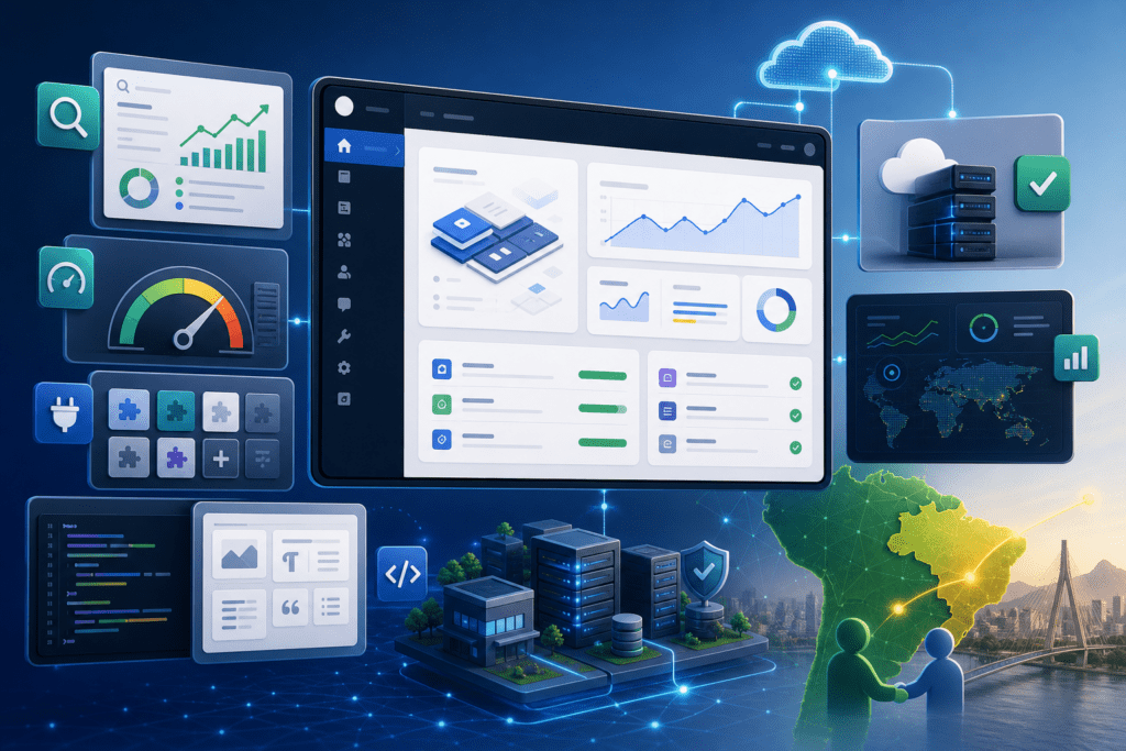 Create a polished editorial illustration about the WordPress ecosystem evolving this week: a modern website dashboard centered on a stylized WordPress-like interface, with visual cues for SEO analytics, performance optimization, block editor documentation, and hosting-level visibility. Include subtle icons of charts, speed meters, plugins, code blocks, and connected cloud/server infrastructure, plus a hint of business partnership growth in Brazil through a small abstract handshake or rising network link. Clean, professional, tech-news aesthetic, bright yet restrained color palette, depth and detail, high-resolution, no text, no logos, no watermarks.