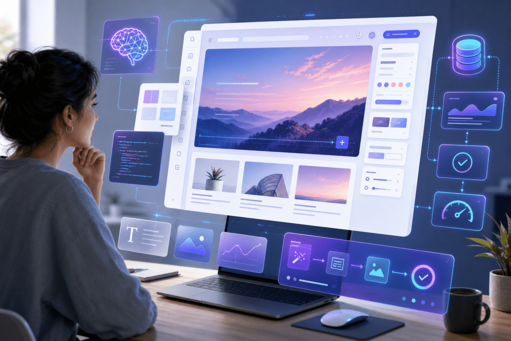 Create a polished editorial illustration of a modern WordPress website builder transformed by artificial intelligence in 2026: a clean desktop workspace with a large responsive website interface floating above a laptop, surrounded by subtle AI elements like glowing code snippets, modular design blocks, content cards, database nodes, and automated workflow connectors. Include a small business owner or beginner developer observing the interface with a sense of confidence and discovery. Show efficiency, creativity, and accessibility through smart layout grids, SEO and performance cues, and sleek futuristic UI accents. Use a professional tech-magazine style, bright but refined color palette with blues, purples, and soft gradients, high detail, soft depth, and balanced composition, without any text, logos, or branding.