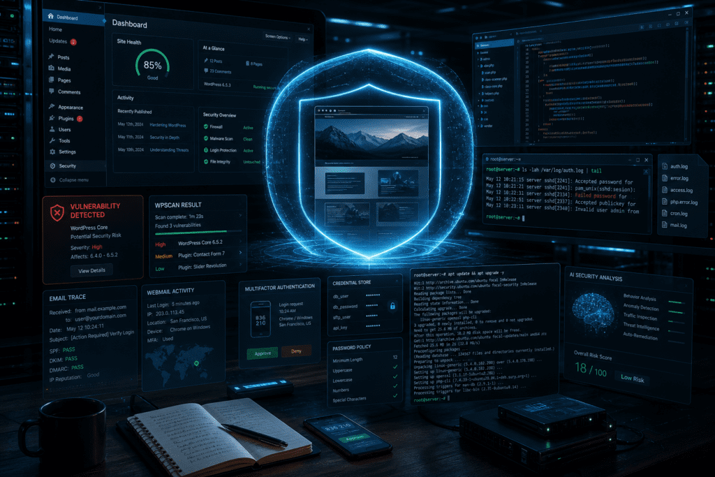 Editorial cybersecurity illustration of a WordPress admin dashboard and server environment under active protection, with a glowing shield around a website icon, code windows, log files, email/webmail traces, Linux terminal screens, vulnerability alerts, and scanning tools suggesting WPScan and system patching; include subtle cues of identity security, stored credentials, multifactor authentication, and AI security tools in the background; modern dark blue and teal palette with red warning accents, high-detail, clean professional composition, dramatic lighting, realistic digital art, no text, no logos, no branding