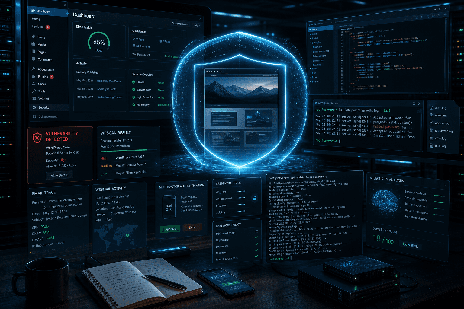 Editorial cybersecurity illustration of a WordPress admin dashboard and server environment under active protection, with a glowing shield around a website icon, code windows, log files, email/webmail traces, Linux terminal screens, vulnerability alerts, and scanning tools suggesting WPScan and system patching; include subtle cues of identity security, stored credentials, multifactor authentication, and AI security tools in the background; modern dark blue and teal palette with red warning accents, high-detail, clean professional composition, dramatic lighting, realistic digital art, no text, no logos, no branding