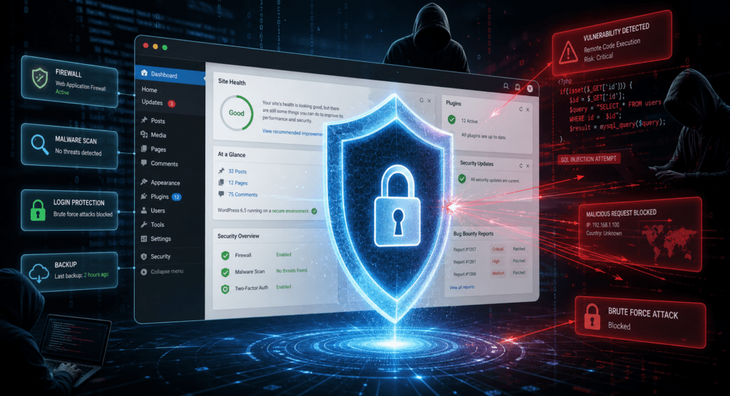 Editorial cybersecurity illustration of a WordPress website dashboard under threat, showing a secure site being protected by a glowing shield and padlock while dark hacker silhouettes, warning symbols, and code fragments attempt to breach it; include subtle visual cues of plugins, security updates, bug bounty reports, and vulnerability alerts as floating interface elements; modern clean tech aesthetic, dramatic contrast between blue-white security glow and red danger accents, high-detail, realistic digital art, wide composition, no text, no logos, no branding
