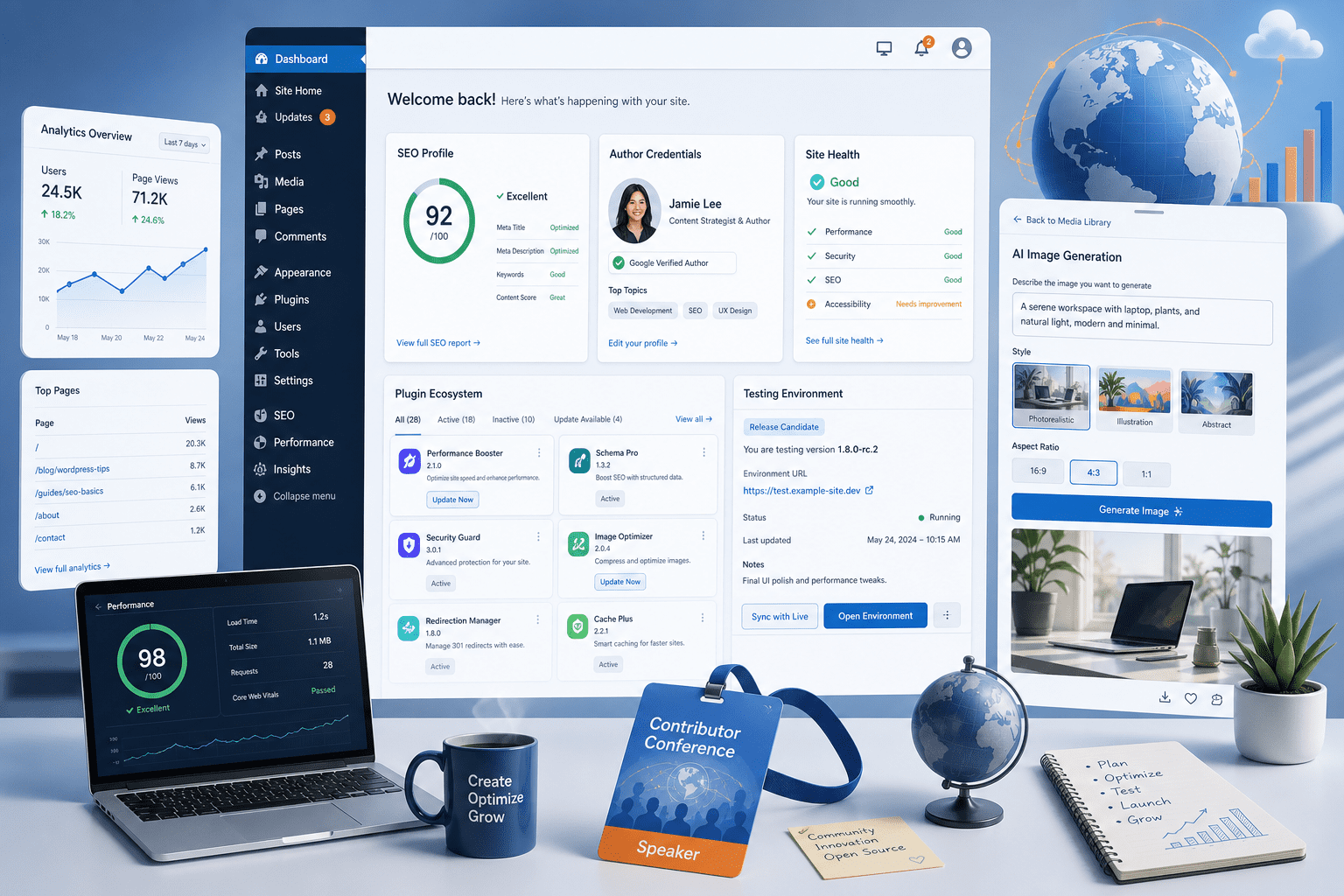 Editorial-style digital illustration of a modern WordPress dashboard and website management workspace, showing a web admin screen with SEO profile settings, author credentials, plugin cards, a testing environment for a release candidate, and an AI image generation panel inside the media library; subtle visual cues of plugin ecosystem changes and site optimization, with a small globe, analytics charts, and a conference badge motif suggesting community and growth; clean tech aesthetic, blue and white palette with orange accents, high detail, soft gradients, realistic UI elements, dynamic composition, no text, no logos, no branding