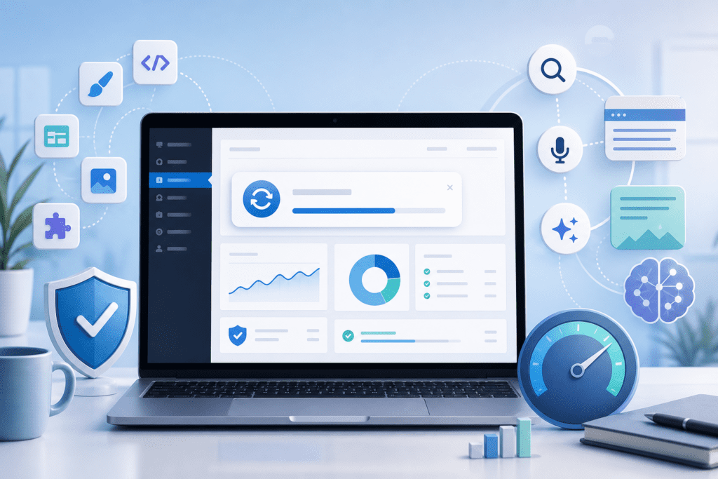 Editorial tech illustration of a modern WordPress dashboard on a laptop screen, with a sleek update notification and subtle performance and security indicators, surrounded by floating plugin and theme icons, a shield symbol for safety, a speedometer for performance, and interconnected search, voice assistant, and generative AI discovery motifs representing SEO, AEO, and GEO; clean workspace, soft blue and white color palette, polished high-resolution digital art, professional blog header composition, no text, no logos, no branding