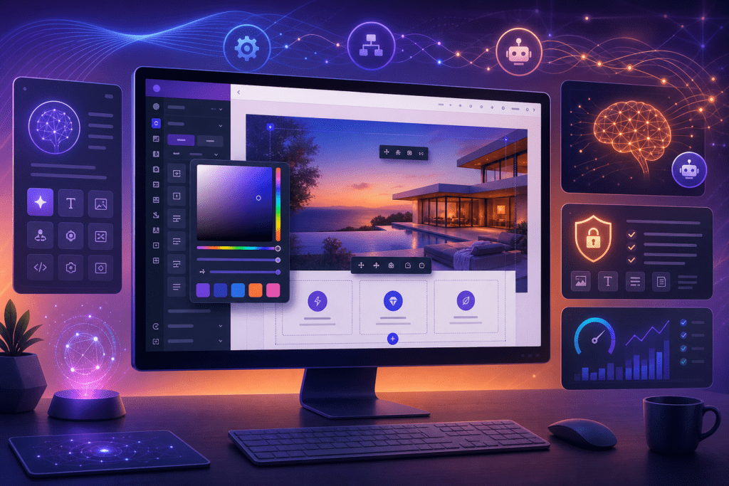 An editorial digital illustration of a modern WordPress website builder workspace on a sleek desktop screen, featuring a visually striking Divi-style page editor with gradient controls, color palette swatches generated from a single base color, layered UI panels, and subtle performance optimization elements; integrate futuristic AI motifs such as flowing neural خطوط, intelligent automation icons, and secure content protection symbols to suggest reinforcement learning and content safety; clean professional composition, vibrant blue-purple-orange gradients, polished interface details, soft glow, high-tech yet approachable atmosphere, crisp high-resolution, no text, no logos, no branding