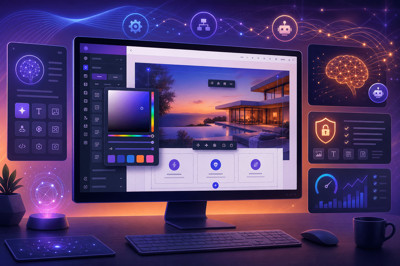 An editorial digital illustration of a modern WordPress website builder workspace on a sleek desktop screen, featuring a visually striking Divi-style page editor with gradient controls, color palette swatches generated from a single base color, layered UI panels, and subtle performance optimization elements; integrate futuristic AI motifs such as flowing neural خطوط, intelligent automation icons, and secure content protection symbols to suggest reinforcement learning and content safety; clean professional composition, vibrant blue-purple-orange gradients, polished interface details, soft glow, high-tech yet approachable atmosphere, crisp high-resolution, no text, no logos, no branding
