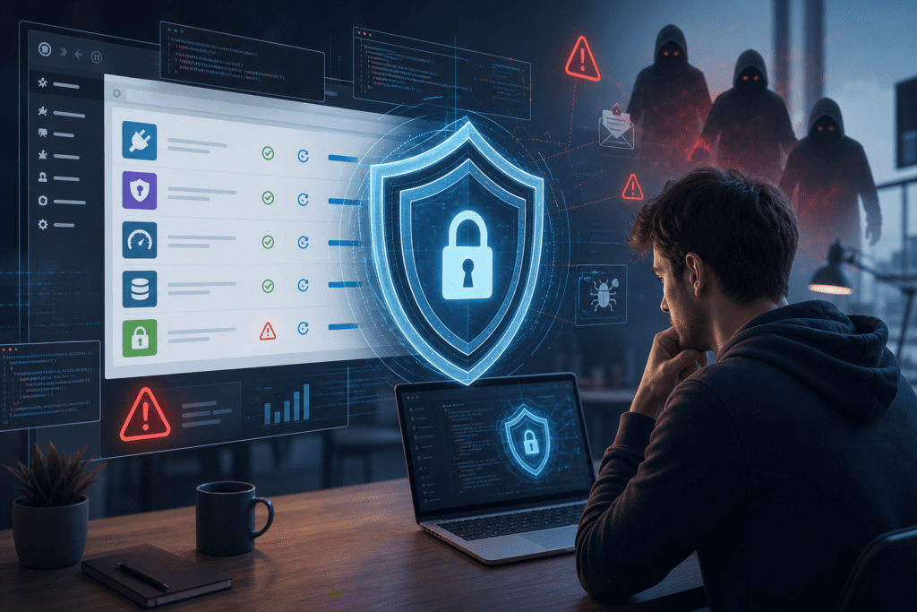 Editorial cybersecurity illustration of a WordPress website admin dashboard protected by layered shields and a glowing padlock, with subtle plugin icons, alert triangles, and code fragments suggesting critical security updates and vulnerability monitoring; a cautious beginner webmaster in a modern workspace reviewing updates on a laptop, with faint malware and phishing threats receding into the background, clean professional technology aesthetic, realistic digital art, high detail, cool blue and gray palette with red warning accents, dramatic but trustworthy lighting, no text, no logos, no branding