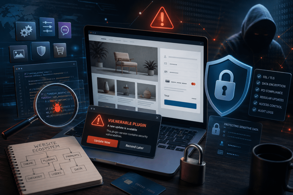 Editorial cybersecurity illustration of a WordPress website ecosystem under pressure, showing a laptop with a website dashboard and checkout page, floating plugin tiles and code snippets being inspected, a shield icon representing security and compliance, warning symbols around a vulnerable plugin update prompt, subtle references to e-commerce checkout scripts and sensitive data protection, a faint malicious cyber threat presence in the background, modern clean tech aesthetic, dramatic but professional lighting, blue and orange accents, high detail, realistic digital art, no text, no logos, no branding