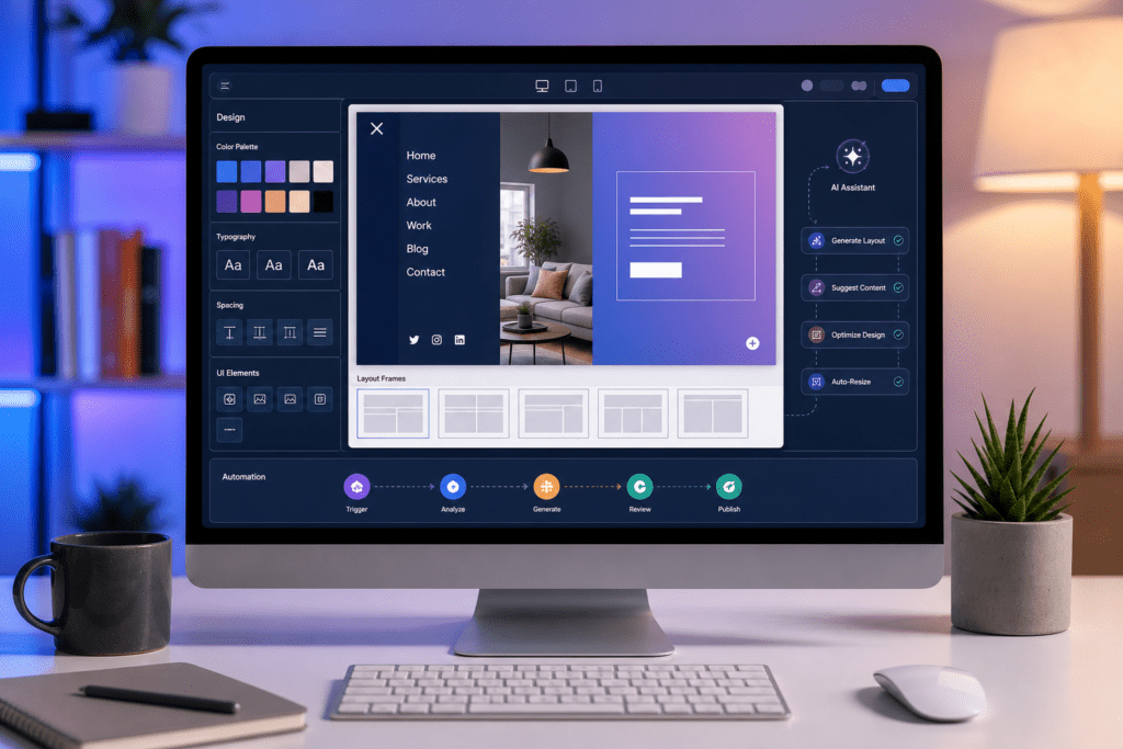 Editorial tech illustration of a modern WordPress website builder workspace on a sleek desktop monitor, showing a visual design interface with color palette swatches, full-screen navigation menu mockup, layout frame controls, and subtle AI automation elements like connected nodes and intelligent workflow icons; clean, professional, beginner-friendly atmosphere for small business website creation, blue and purple digital tones with warm accent colors, soft gradients, crisp UI details, minimal desk setup, shallow depth of field, high-resolution, contemporary editorial style, no text, no logos, no branding