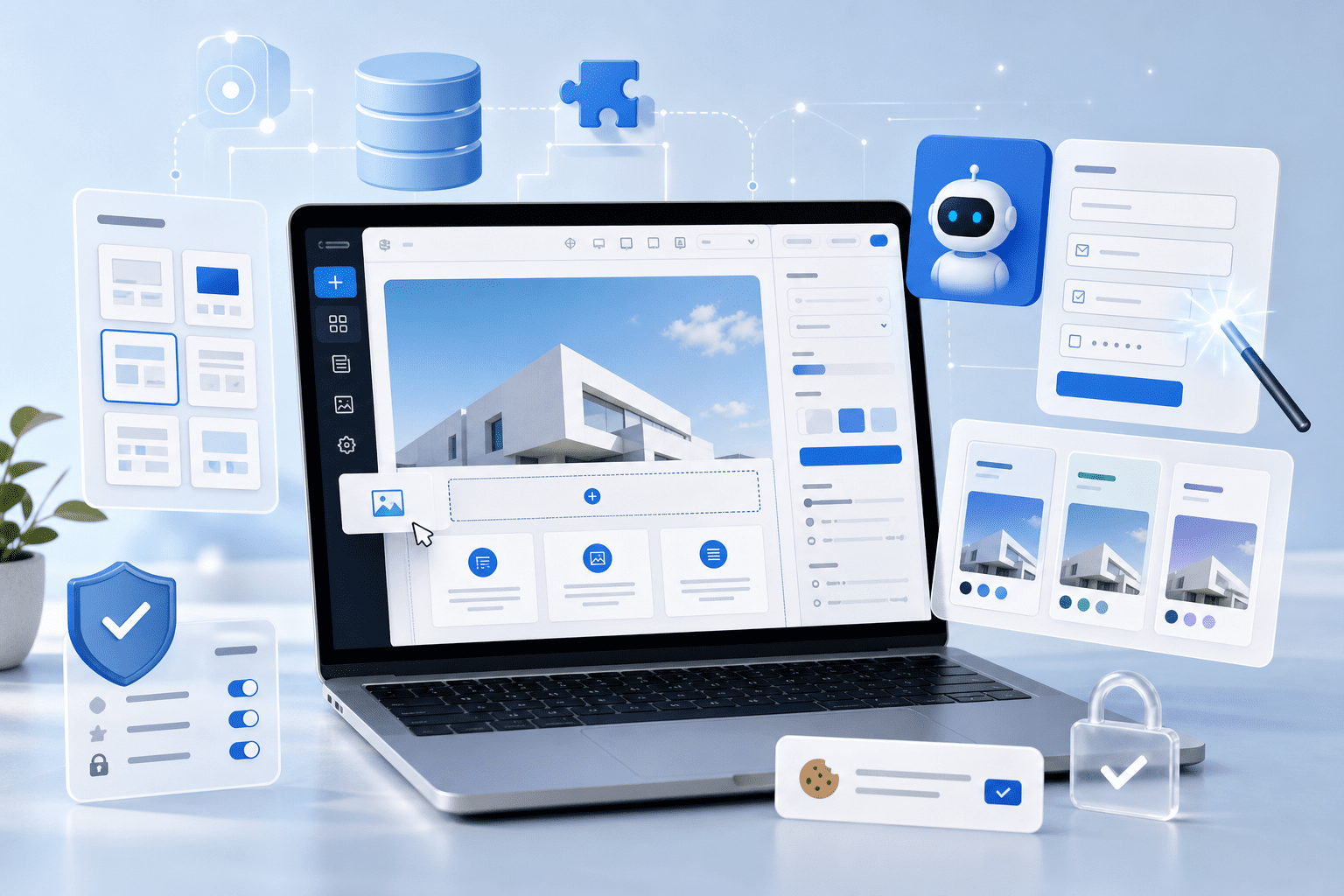 Editorial tech illustration of the modern WordPress ecosystem evolving with artificial intelligence, showing a clean website builder interface on a laptop screen, floating AI assistant elements generating form fields and style variations, a drag-and-drop design panel, cookie consent banner and privacy compliance icons subtly integrated, database and plugin symbols in the background, sleek blue and white color palette, professional blog hero image, crisp lighting, high detail, minimal clutter, no text, no logos, no branding